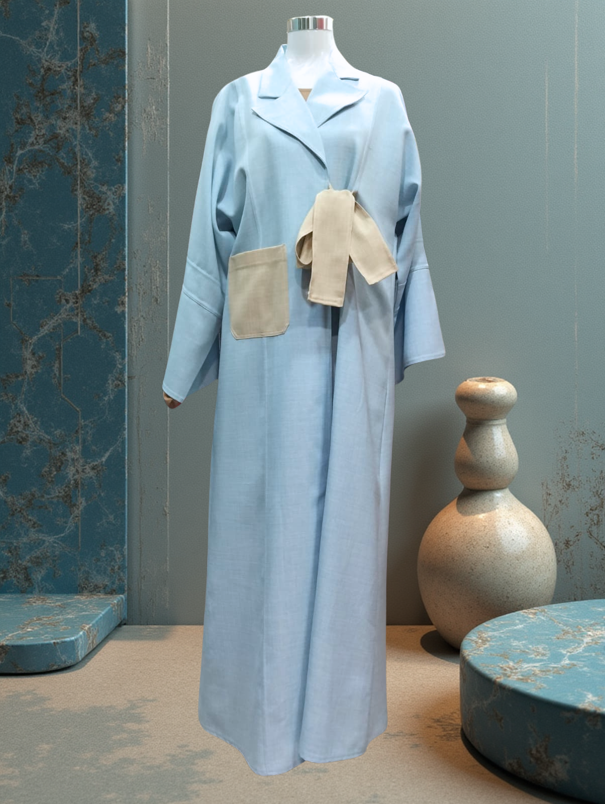 Abaya Kimono Bleu Ciel Élégante avec Ceinture Contrastée | Coupe Ample & Chic