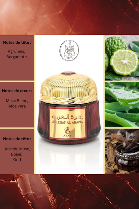 Bakhoor Ameerat Al Arabia – Raffinement Oriental & Élégance Musquée
Découvrez un bakhoor majestueux signé Ayat Perfumes, alliant fraîcheur, pureté et intensité. Les notes d’agrumes et de bergamote offrent une ouverture pétillante et lumineuse. Le cœur dévoile un accord apaisant de musc blanc et d’aloe vera, symbole de douceur et d’équilibre. En fond, jasmin, bois et oud s’unissent dans un sillage floral, boisé et captivant, empreint d’un luxe oriental intemporel.