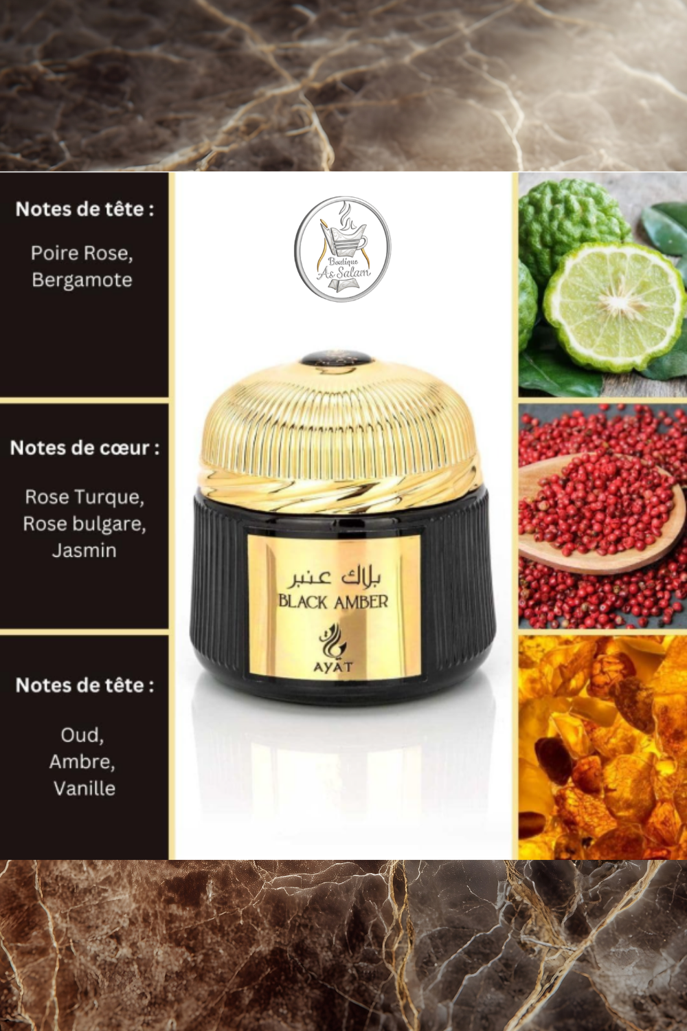 Black Amber – Bakhoor Oriental Luxueux
Découvrez un bakhoor d’exception aux senteurs orientales profondes. Ses notes de tête allient poire rose et bergamote pour une fraîcheur fruitée. Le cœur floral révèle la rose turque, la rose bulgare et le jasmin, symbole d’élégance et de féminité. En fond, l’oud, l’ambre et la vanille s’unissent dans un sillage chaud, boisé et envoûtant. Un parfum noble, intense et raffiné signé AYAT Parfums.