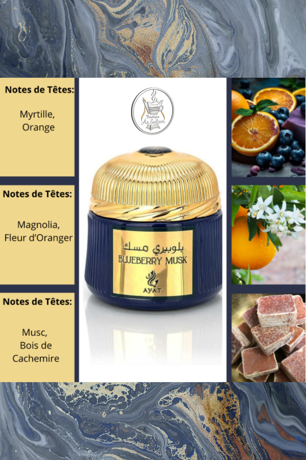 Bakhoor Blueberry Musk – Fraîcheur Fruitée & Élégance Musquée
Découvrez un bakhoor unique signé Ayat Perfumes, où la myrtille et l’orange s’allient dans une ouverture pétillante et sucrée. Le cœur révèle un mélange raffiné de magnolia et de fleur d’oranger pour une touche florale lumineuse. En fond, le musc et le bois de cachemire enveloppent l’air d’une chaleur douce et veloutée. Un parfum d’intérieur oriental, frais et réconfortant, idéal pour créer une ambiance apaisante et élégante.
