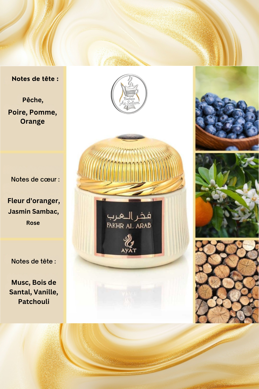 Bakhoor Fakhr Al Arab – Luxe Oriental & Harmonie Florale
Découvrez le Fakhr Al Arab de Ayat Perfumes, un bakhoor somptueux aux notes fruitées, florales et boisées. L’ouverture mêle pêche, poire, pomme et orange pour une fraîcheur vibrante. En cœur, fleur d’oranger, jasmin sambac et rose diffusent une élégance sensuelle. Le fond, composé de musc, bois de santal, vanille et patchouli, crée un sillage chaud, raffiné et persistant. Un parfum d’intérieur oriental riche en émotions et en raffinement.
