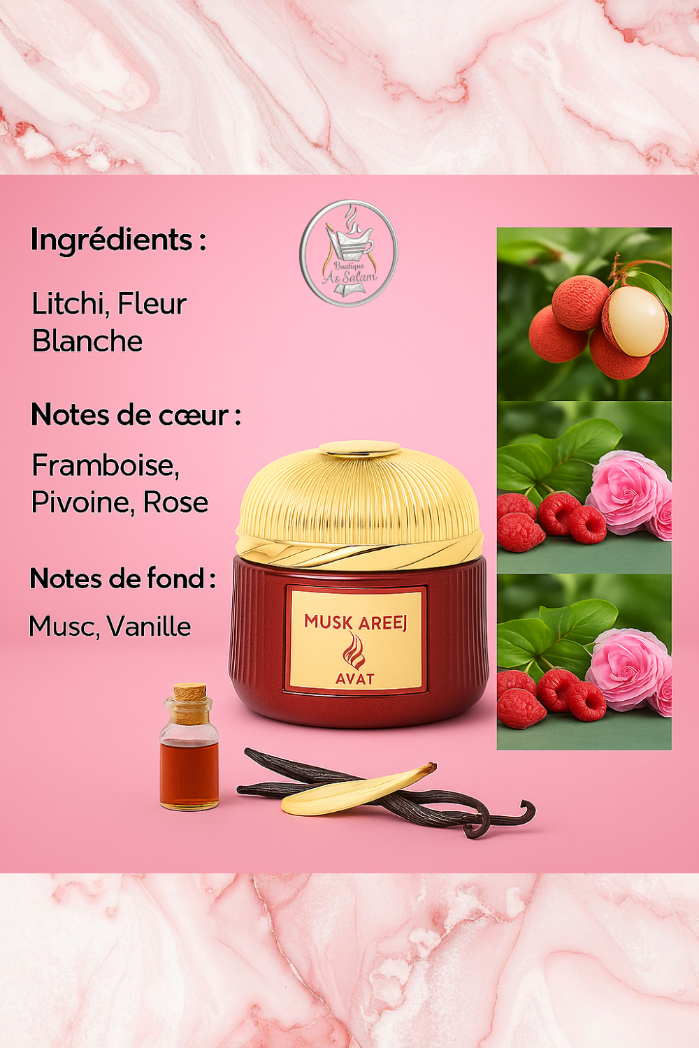 Bakhoor Musk Areej – Élégance Musquée et Orientale
Laissez-vous séduire par la douceur du Musk Areej, un bakhoor raffiné signé Ayat Perfumes. Ses notes fruitées de raisin et d’orange s’ouvrent sur une fraîcheur éclatante, avant de révéler un cœur floral mêlant framboise, pivoine et rose. En fond, le musc et la vanille offrent un sillage chaud, apaisant et luxueux. Un parfum d’intérieur oriental qui transforme chaque instant en expérience sensorielle unique.