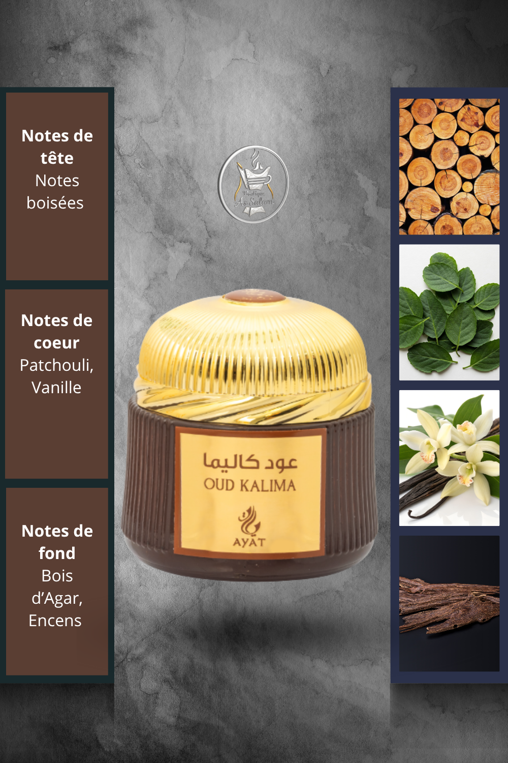 Bakhoor Oud Kalima – Intensité Orientale & Élégance Boisée
Découvrez l’essence du luxe oriental avec Oud Kalima de Ayat Perfumes. Ses premières volutes révèlent la richesse du bois précieux et du patchouli, rehaussés d’une touche douce de vanille. En fond, le bois d’agar et l’encens s’unissent pour une atmosphère apaisante, mystique et raffinée. Ce bakhoor envoûtant diffuse un parfum chaud, profond et spirituel, idéal pour sublimer votre intérieur avec élégance.