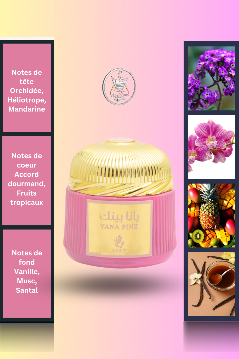 Bakhoor Yana Pink est une fragrance envoûtante qui transforme chaque espace. Elle combine des notes florales, fruitées et boisées, créant une ambiance chaleureuse et élégante. L’ouverture se compose d’orchidée, d’héliotrope et de tangerine, qui offrent une première impression florale et fraîche. Ces accords sont rehaussés par des touches d’agrumes pétillants.

Au cœur, des fruits tropicaux ajoutent une touche sucrée et exotique. Ce mélange crée une profondeur enivrante qui séduit dès les premières volutes. 