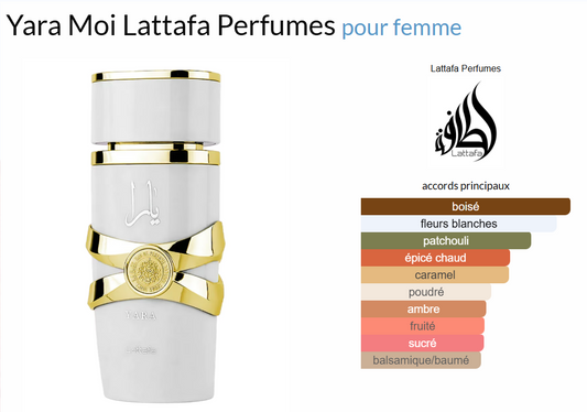 Yara Moi de Lattafa Perfumes est un parfum pour femme. Yara Moi a été lancé en 2022. Les notes de tête sont Jasmin et Pêche; les notes de coeur sont Caramel et Ambre; les notes de fond sont Patchouli et Bois de santal.